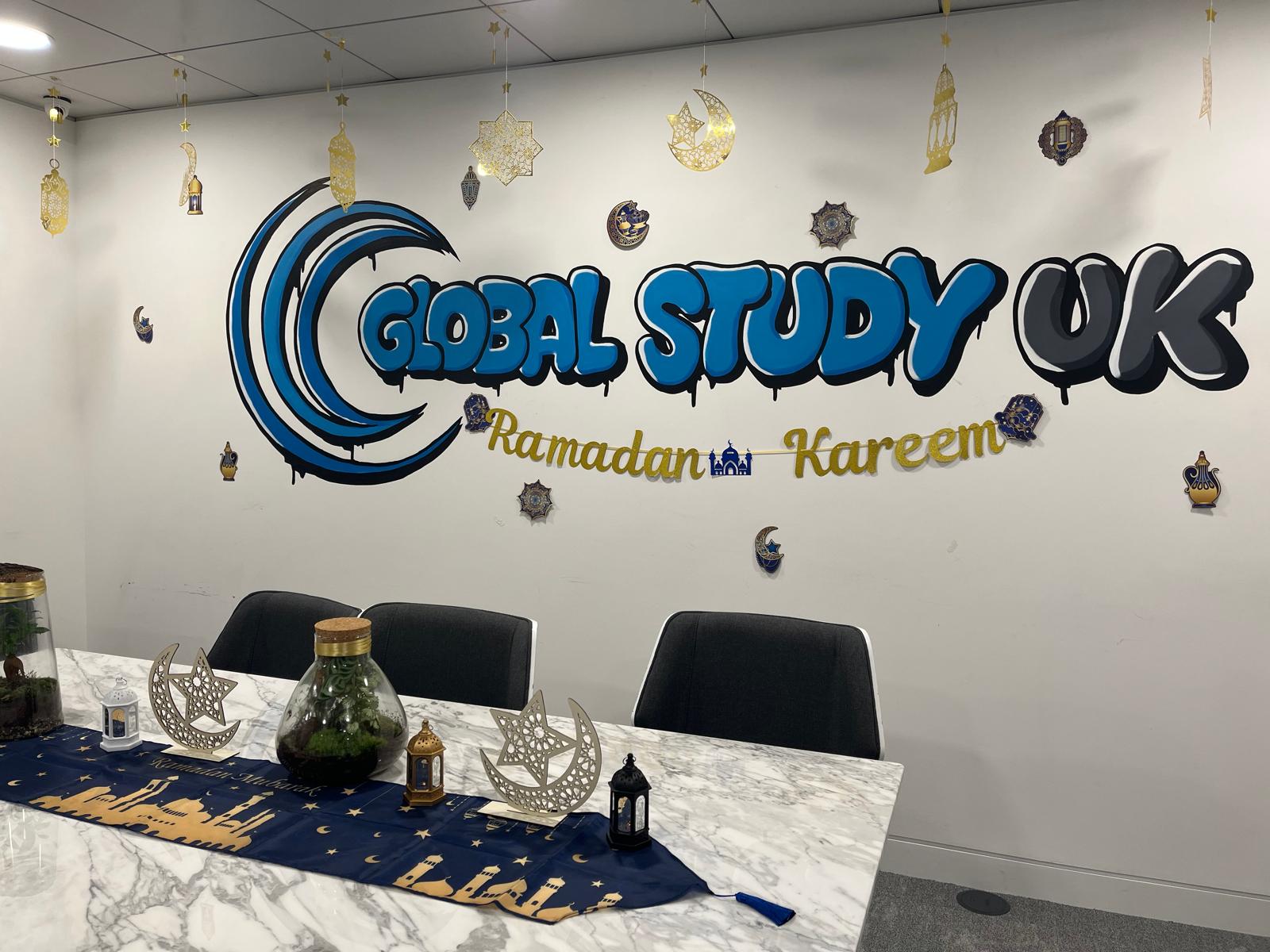 global study uk board room in london, graffiti and ramadan decorations